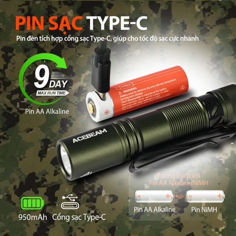 Đèn pin ACEBEAM POKELIT AA độ sáng 550lm chiếu xa 86m pin 14500 độ hoàn màu cao