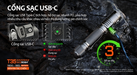 Đèn pin ACEBEAM T35 sáng 1900 lumens chiếu xa 380m pin 18650 2600mAh sạc USB C