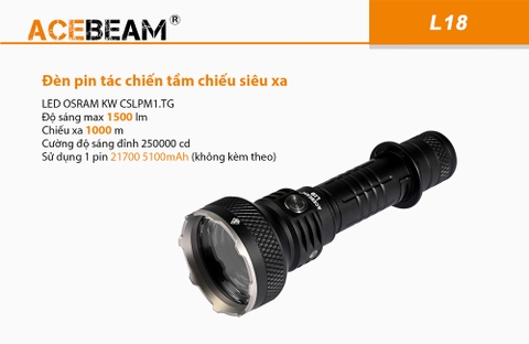 Đèn pin chiếu xa ACEBEAM L18 ánh sáng xanh độ sáng 2100 lumen tầm chiếu 1155m pin sạc 21700 5000mAh (kèm theo) sạc Type-C