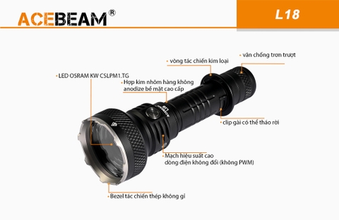 Đèn pin chiếu xa ACEBEAM L18 ánh sáng xanh độ sáng 2100 lumen tầm chiếu 1155m pin sạc 21700 5000mAh (kèm theo) sạc Type-C
