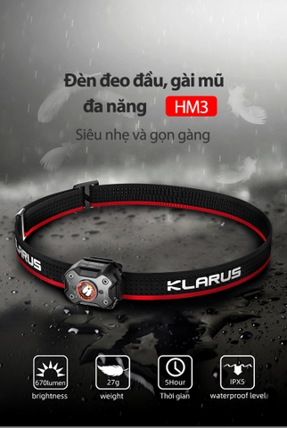 Đèn pin đeo đầu gài mũ siêu nhẹ KLARUS HM3 độ sáng 670 lumen pin 200mAh