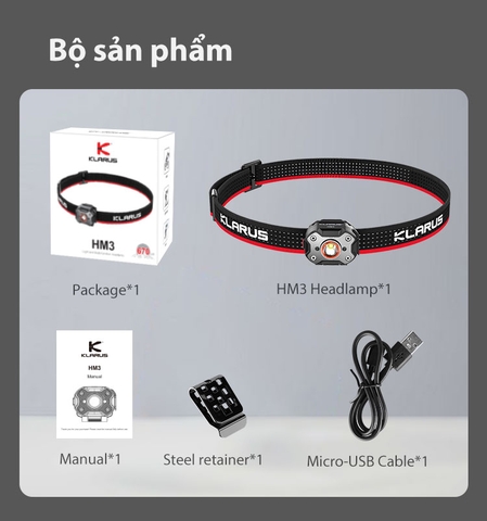 Đèn pin đeo đầu gài mũ siêu nhẹ KLARUS HM3 độ sáng 670 lumen pin 200mAh