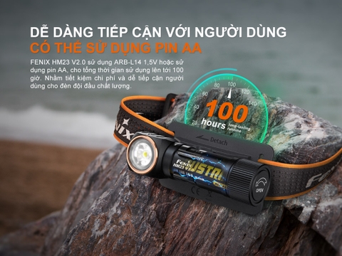 Đèn gù đội đầu siêu nhẹ FENIX HM23 V2.0 sáng 300 lumen chiếu xa 80m đuôi nam châm pin AA