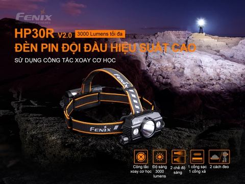 Đèn pin đội đầu FENIX HP30R V2.0 sáng 3000 lumens chiếu xa 270m 2 pin 21700 5000 mAh sạc USB-C powerbank