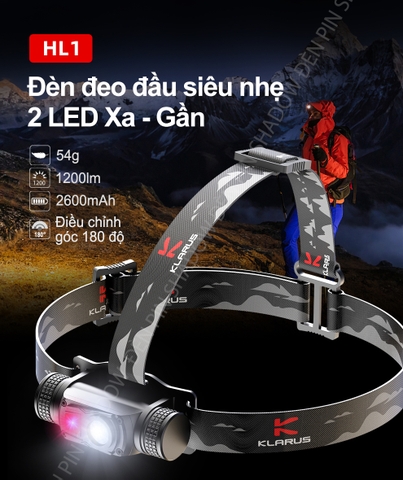 Đèn pin đội đầu KLARUS HL1 1200 lumen chiếu xa 125m pin 18650 2600mAh (kèm theo) sạc USB