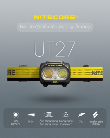 Đèn pin đội đầu NITECORE UT27 sáng 800lm chiếu xa 160m pin 1500mAh USB-C chuyên chạy marathon, chạy trail