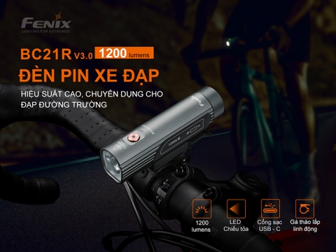 Đèn xe đạp FENIX BC21R V3.0 độ sáng 1200 lumen chiếu xa 142m pin 18650 2600mAh sạc USB-C