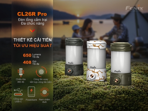 Đèn pin cắm trại FENIX CL26R Pro độ sáng 650 lumen pin 21700 sạc USB-C chiếu tỏa 360 độ USB-C Powerbank
