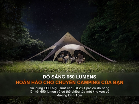 Đèn pin cắm trại FENIX CL26R Pro độ sáng 650 lumen pin 21700 sạc USB-C chiếu tỏa 360 độ USB-C Powerbank