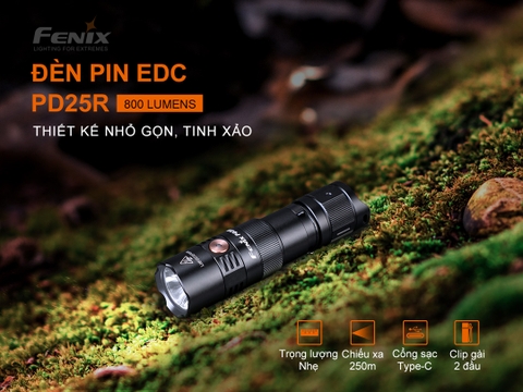 Đèn pin FENIX PD25R sáng 800 lumen chiếu xa 250m pin 16340 sạc USB-C hai công tắc