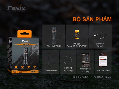 Đèn pin FENIX PD25R sáng 800 lumen chiếu xa 250m pin 16340 sạc USB-C hai công tắc