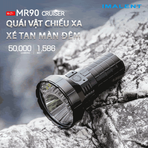 Đèn pin IMALENT MR90 độ sáng 50.000 lumen chiếu xa 1586m pack 4 pin 21700 16000mAh cổng sạc DC