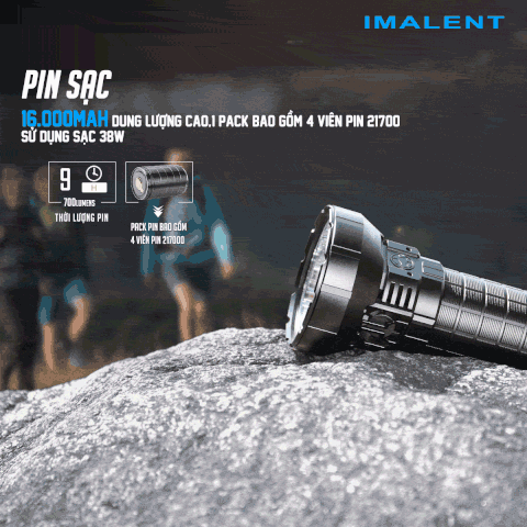 Đèn pin IMALENT MR90 độ sáng 50.000 lumen chiếu xa 1586m pack 4 pin 21700 16000mAh cổng sạc DC