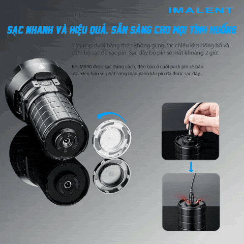 Đèn pin IMALENT MR90 độ sáng 50.000 lumen chiếu xa 1586m pack 4 pin 21700 16000mAh cổng sạc DC