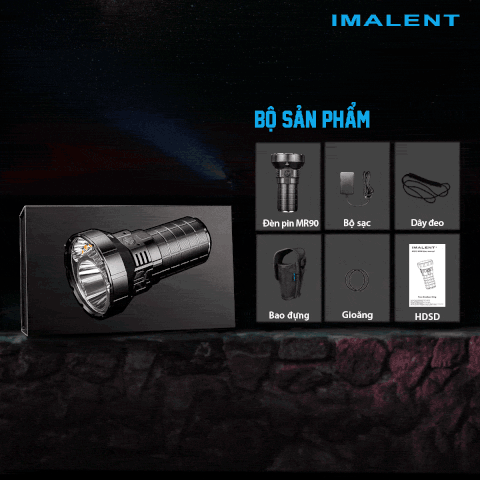 Đèn pin IMALENT MR90 độ sáng 50.000 lumen chiếu xa 1586m pack 4 pin 21700 16000mAh cổng sạc DC