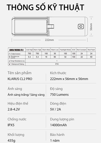 Đèn gập cắm trại Klarus CL2 Pro sáng 750 lumen chiếu tỏa 360 độ pin liền thân 14000mAh USB-C PowerBank