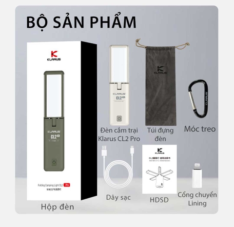 Đèn gập cắm trại Klarus CL2 Pro sáng 750 lumen chiếu tỏa 360 độ pin liền thân 14000mAh USB-C PowerBank