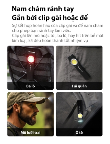 Đèn pin mini KLARUS E5 độ sáng 600 lumens chiếu xa 30m sử dụng 2 LED COB đuôi nam châm sạc USB C