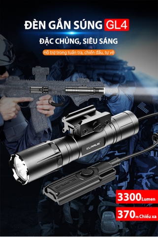 Đèn pin KLARUS GL4 gắn ray s-ú-n-g sáng 3300 lm chiếu xa 370m sạc USB-C pin 21700 5000mAh