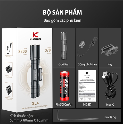 Đèn pin KLARUS GL4 gắn ray s-ú-n-g sáng 3300 lm chiếu xa 370m sạc USB-C pin 21700 5000mAh