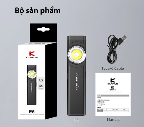 Đèn pin mini KLARUS E5 độ sáng 600 lumens chiếu xa 30m sử dụng 2 LED COB đuôi nam châm sạc USB C