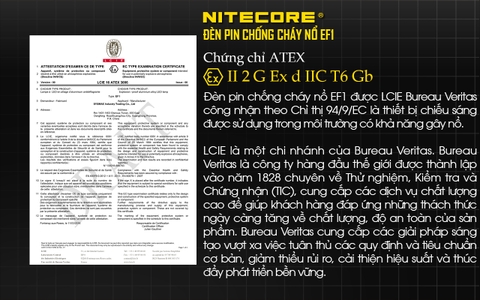 Đèn pin chống cháy nổ NITECORE EF1 sáng 830 lumens chiếu xa 270m pin sạc 18650 3400mAh