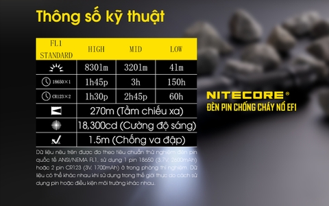 Đèn pin chống cháy nổ NITECORE EF1 sáng 830 lumens chiếu xa 270m pin sạc 18650 3400mAh