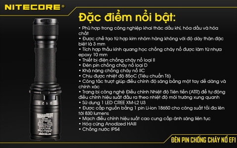 Đèn pin chống cháy nổ NITECORE EF1 sáng 830 lumens chiếu xa 270m pin sạc 18650 3400mAh