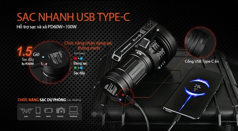 Đèn pin ACEBEAM X75 độ sáng 80.000 lumen chiếu xa 1150 mét cổng sạc USB C kiêm Power Bank