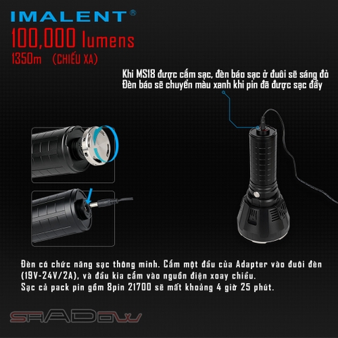 Đèn pin IMALENT MS18 sáng 100.000lm chiếu xa 1.350m 18 LED XHP70.2 sạc DC