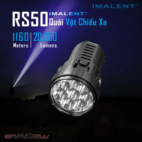 Đèn pin IMALENT RS50 độ sáng 20000lm chiếu xa 1160m 8 LED CREE XHP50.3 dùng 3 pin 21700 4000mAh kèm theo sạc nam châm
