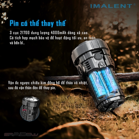 Đèn pin IMALENT RS50 độ sáng 20000lm chiếu xa 1160m 8 LED CREE XHP50.3 dùng 3 pin 21700 4000mAh kèm theo sạc nam châm
