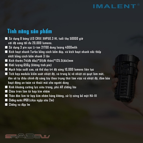 Đèn pin IMALENT RS50 độ sáng 20000lm chiếu xa 1160m 8 LED CREE XHP50.3 dùng 3 pin 21700 4000mAh kèm theo sạc nam châm