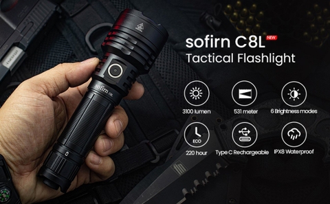 Đèn pin SOFIRN C8L độ sáng 3100 lumen chiếu xa 531m sạc USB Type C pin 21700 (kèm theo)