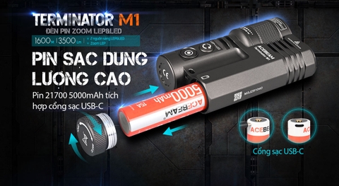 Đèn pin ACEBEAM M1 Terminator 3500 lumen chiếu xa 1600m sạc USB-C pin 21700 5000mah