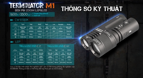 Đèn pin ACEBEAM M1 Terminator 3500 lumen chiếu xa 1600m sạc USB-C pin 21700 5000mah