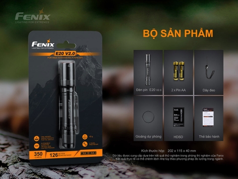 Đèn pin FENIX E20 V2 sáng 350 lumens chiếu xa 126m dùng 2 pin AA nhỏ gọn