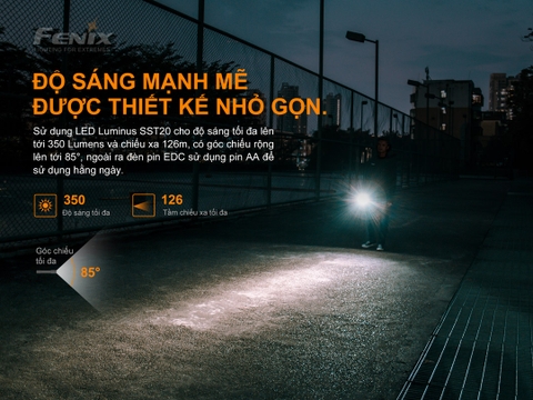 Đèn pin FENIX E20 V2 sáng 350 lumens chiếu xa 126m dùng 2 pin AA nhỏ gọn