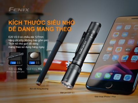 Đèn pin FENIX E20 V2 sáng 350 lumens chiếu xa 126m dùng 2 pin AA nhỏ gọn
