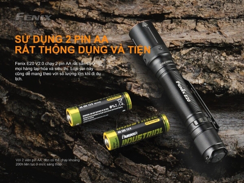 Đèn pin FENIX E20 V2 sáng 350 lumens chiếu xa 126m dùng 2 pin AA nhỏ gọn