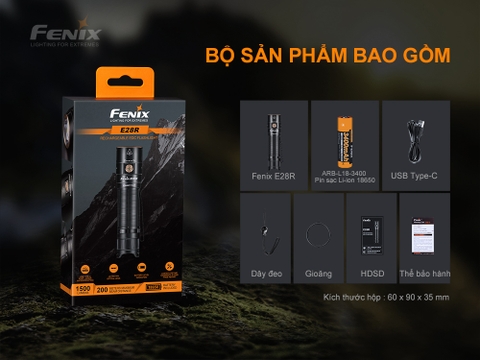 Đèn pin FENIX E28R độ sáng 1500 lumen chiếu xa 200m LED Luminus SST40 sạc USB C pin sạc 18650 3400mAh kèm theo