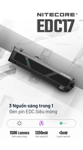NITECORE EDC17 – Đèn pin EDC siêu mỏng độ sáng 1500lm, 3 nguồn sáng (Trắng, UV, Laser xanh)