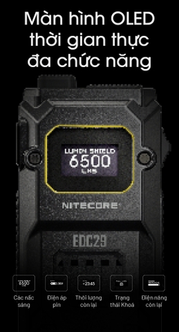 Đèn pin NITECORE EDC29 độ sáng 6500 lm chiếu xa 400m pin 2500mAh sạc USB-C màn hình OLED