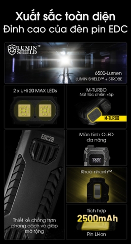 Đèn pin NITECORE EDC29 độ sáng 6500 lm chiếu xa 400m pin 2500mAh sạc USB-C màn hình OLED