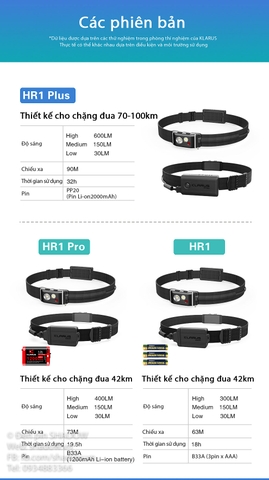 Đèn pin đội đầu KLARUS HR1 Plus độ sáng 600 lumen chiếu xa 90m pin Li-ion PP20 2000mAh