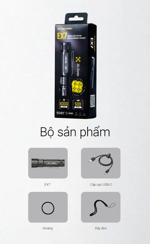 NITECORE EX7 – Đèn pin đa tác vụ, sáng 6000lm chiếu xa 500m, tuỳ chỉnh ánh sáng