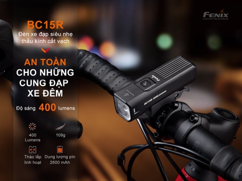 Đèn xe đạp FENIX BC15R gọn gàng sáng 400 lumen chiếu xa 78m USB-C pack pin liền thân kính có vạch cắt chống chói