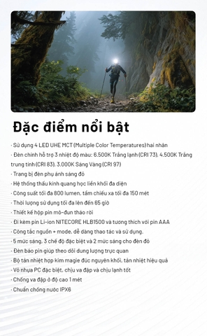 NITECORE HA27 UHE – Đèn pin đội đầu đa nguồn 800 lumens, 3 mức nhiệt màu CRI cao