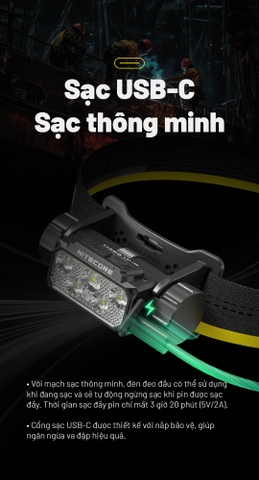 Đèn pin đội đầu NITECORE HC70 UHE sáng 1600 lumen chiếu xa 156m pin 6000mAH sạc USB C
