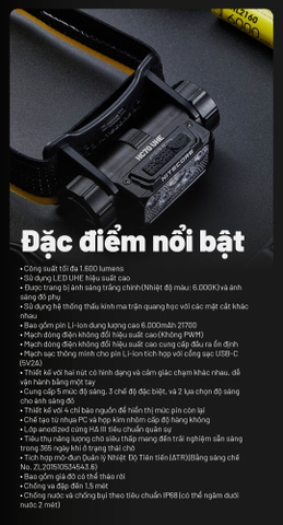 Đèn pin đội đầu NITECORE HC70 UHE sáng 1600 lumen chiếu xa 156m pin 6000mAH sạc USB C